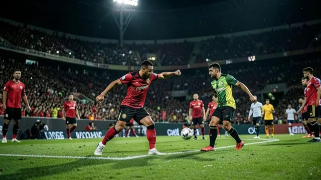 Imagem gerada por IA: Jogador se prepara para cobrar pênalti em uma partida de futebol noturna, com o goleiro atento no gol.