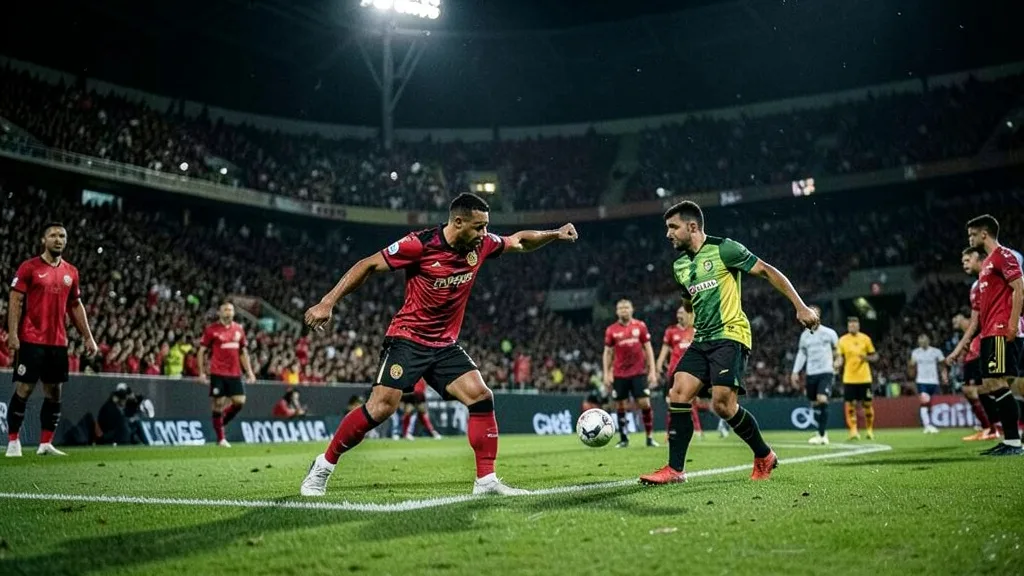 Imagem gerada por IA: Jogador se prepara para cobrar pênalti em uma partida de futebol noturna, com o goleiro atento no gol.
