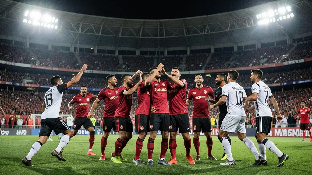 Imagem gerada por IA: Jogadores do Flamengo comemoram gol contra o Atlético-MG no Maracanã.