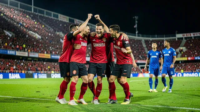 Imagem gerada por IA: Jogadores do Flamengo comemoram um gol em campo durante partida noturna contra o Bahia.