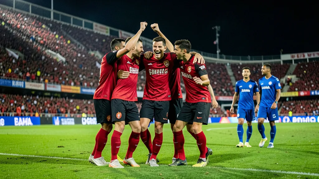 Imagem gerada por IA: Jogadores do Flamengo comemoram um gol em campo durante partida noturna contra o Bahia.