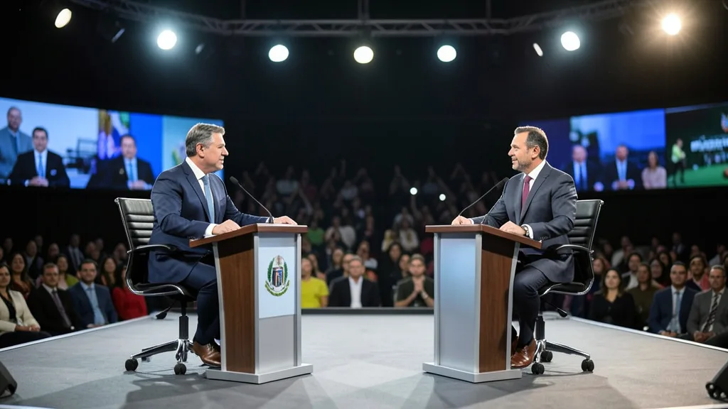 Imagem gerada por IA: Dois candidatos participam de um debate em um estúdio de televisão, diante da plateia.