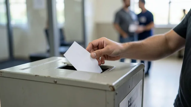 Imagem gerada por IA: Mão deposita uma cédula sem identificação em uma urna durante uma eleição.