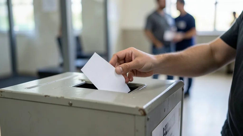 Imagem gerada por IA: Mão deposita uma cédula sem identificação em uma urna durante uma eleição.