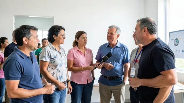 Imagem gerada por IA: Entrevistadora conversa com eleitores durante pesquisa eleitoral.