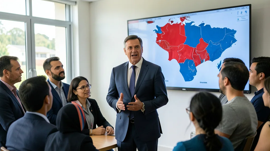 Imagem gerada por IA: Candidato discursa a apoiadores diante de um mapa do Brasil com o Nordeste destacado.