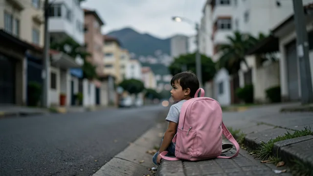 Imagem gerada por IA: Mochila infantil sobre a calçada de uma rua residencial em Niterói.