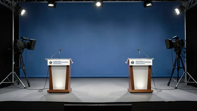 Imagem gerada por IA: Palco com dois púlpitos preparado para um debate presidencial.