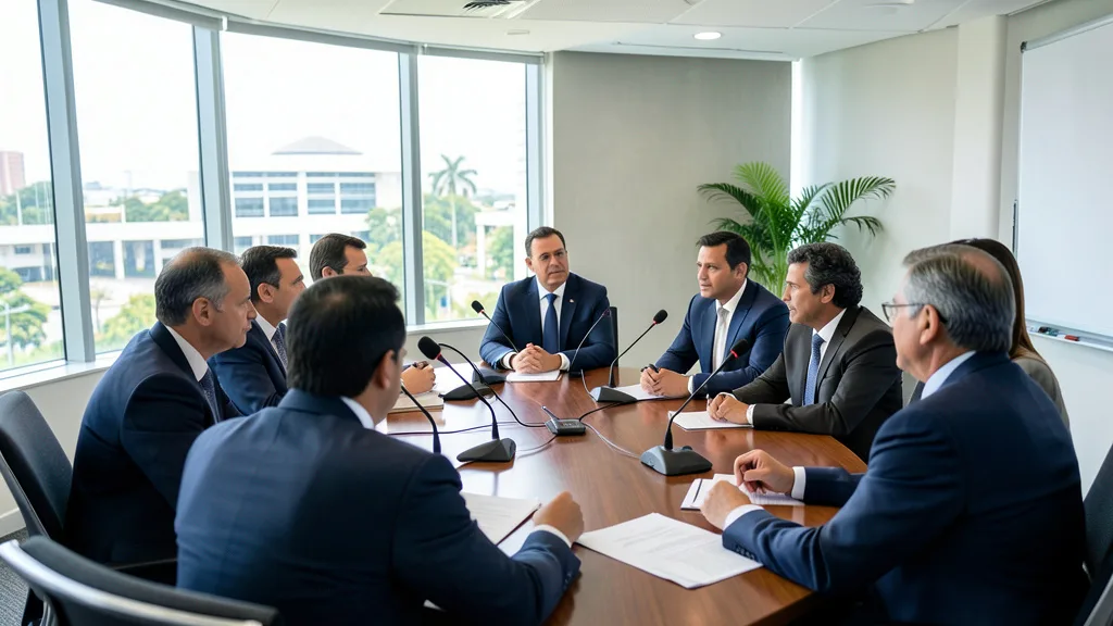 Imagem gerada por IA: Assessores e políticos reunidos em uma sala para discutir a estratégia de uma campanha presidencial.