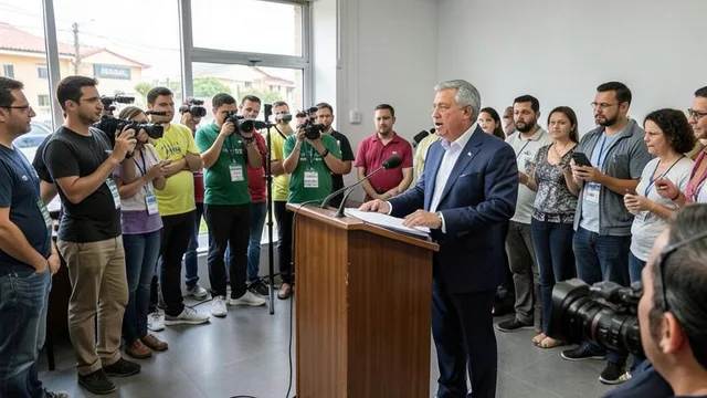 Imagem gerada por IA: Senador discursa diante de aliados durante uma noite de apuração eleitoral em Brasília.