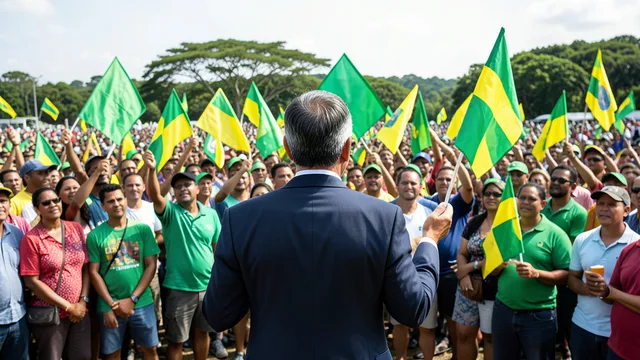 Imagem gerada por IA: Candidato genérico discursa para apoiadores em um ato de campanha com bandeiras verdes e amarelas.