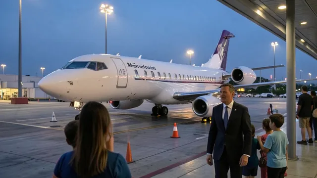 Imagem gerada por IA: Flávio Bolsonaro caminha com familiares em um terminal de aeroporto em Miami.
