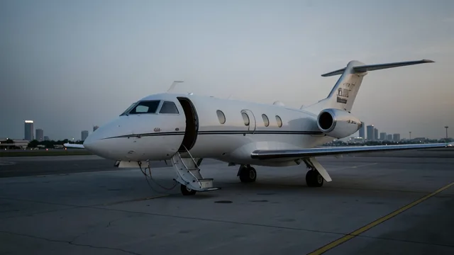 Imagem gerada por IA: Avião particular parado em uma pista de aeroporto ao anoitecer.