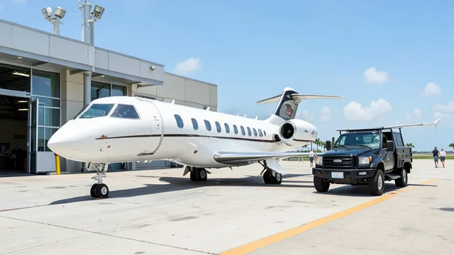 Imagem gerada por IA: Jato particular estacionado em um aeroporto executivo, com um veículo utilitário preto ao lado do terminal.