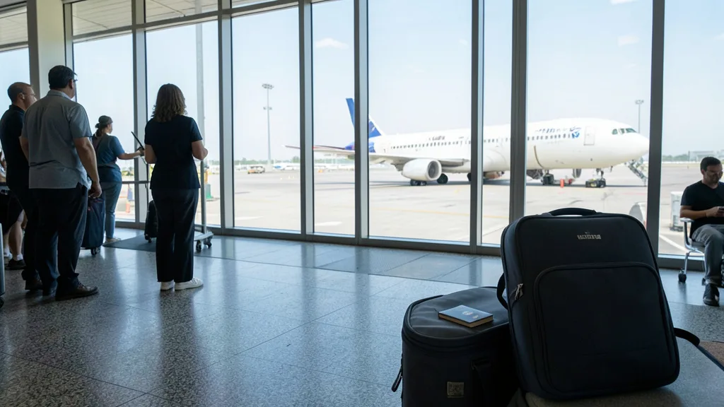 Imagem gerada por IA: Passaporte ao lado de uma mala em um aeroporto, com avião visível na pista.