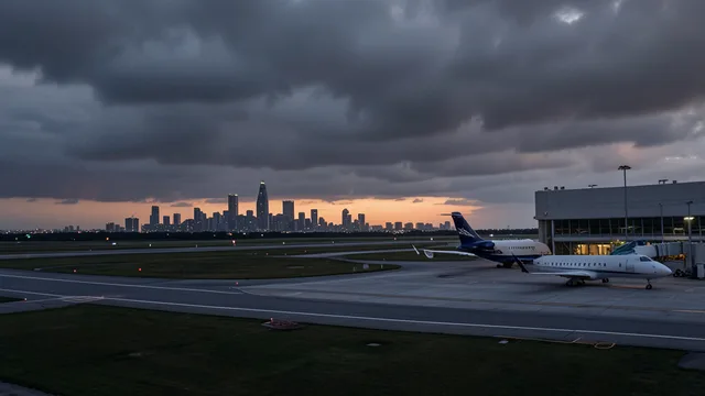 Imagem gerada por IA: Jatinho parado em uma pista de aeroporto ao entardecer, com a silhueta de Miami ao fundo.