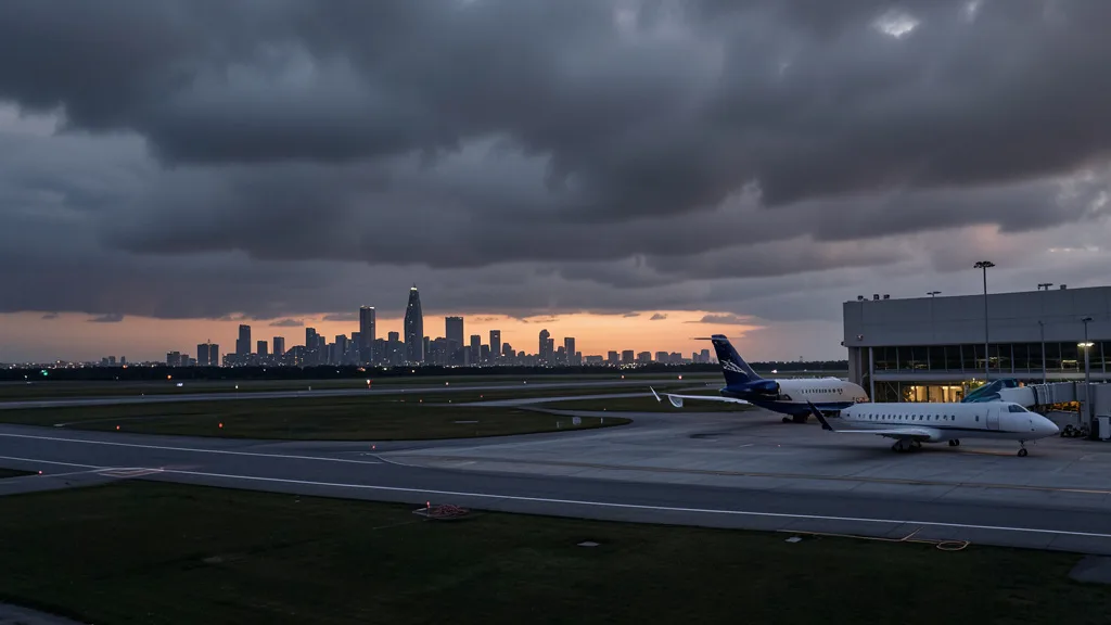 Imagem gerada por IA: Jatinho parado em uma pista de aeroporto ao entardecer, com a silhueta de Miami ao fundo.