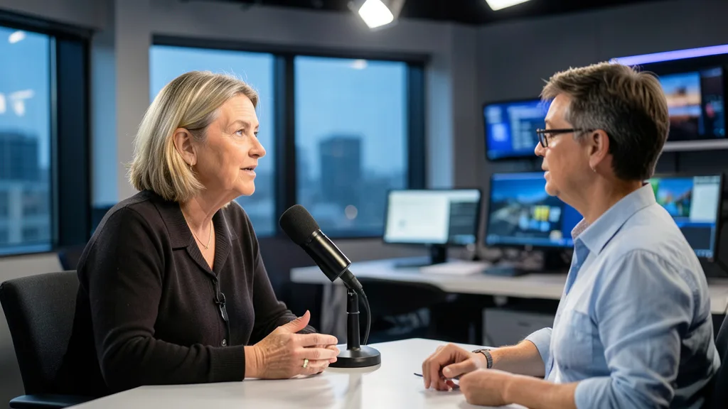 Imagem gerada por IA: Uma mulher dá entrevista em um estúdio de televisão, diante de um microfone.