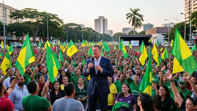 Imagem gerada por IA: Flávio Bolsonaro discursa em um palanque diante de apoiadores em um comício.
