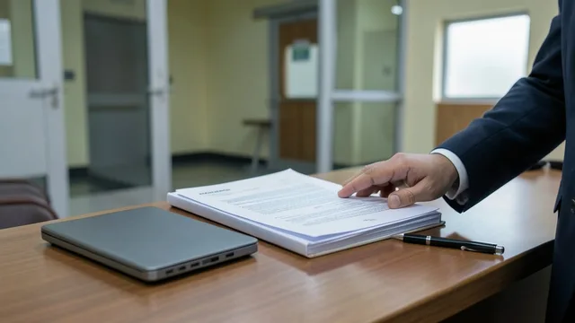 Imagem gerada por IA: Documentos em uma pasta sobre uma mesa em ambiente institucional de tribunal.