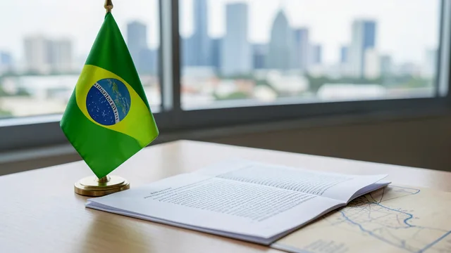 Imagem gerada por IA: Carta sobre uma mesa ao lado de uma pequena bandeira do Brasil, com Miami ao fundo.
