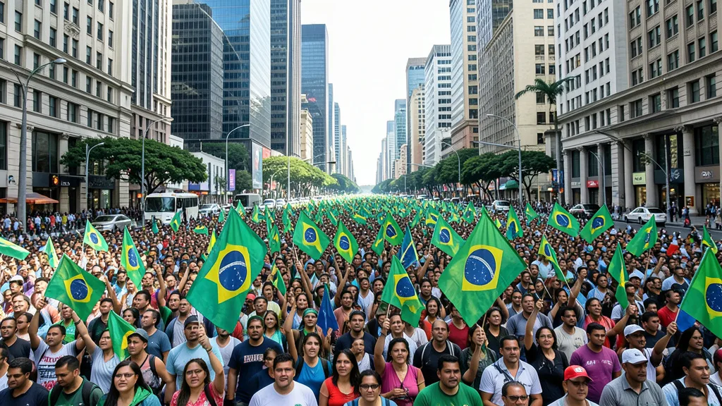 Imagem gerada por IA: Apoiadores com bandeiras do Brasil se reúnem na Avenida Paulista.