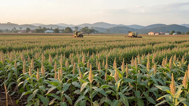 Imagem gerada por IA: Lavoura de soja com uma colheitadeira ao fundo, representando o agronegócio brasileiro.