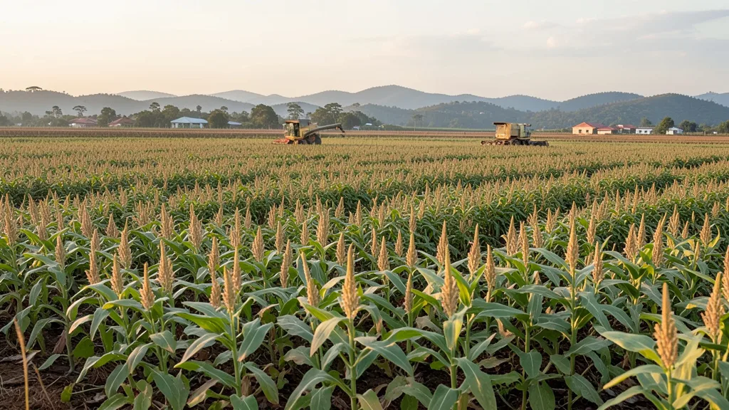 Imagem gerada por IA: Lavoura de soja com uma colheitadeira ao fundo, representando o agronegócio brasileiro.