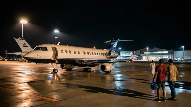 Imagem gerada por IA: Avião particular em uma pista de aeroporto à noite, com luzes ao fundo.