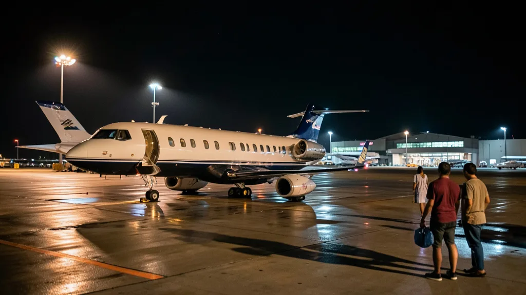 Imagem gerada por IA: Avião particular em uma pista de aeroporto à noite, com luzes ao fundo.