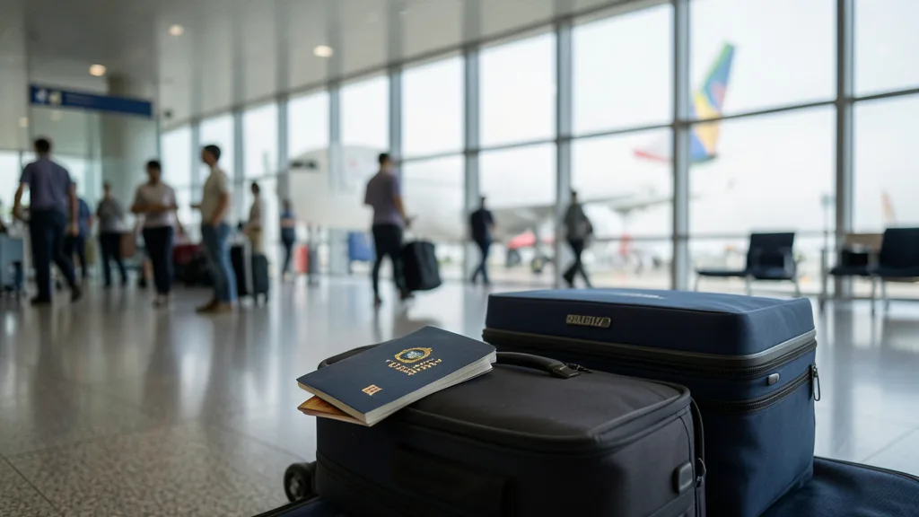 Imagem gerada por IA: Passaporte brasileiro ao lado de uma mala em um terminal de aeroporto.