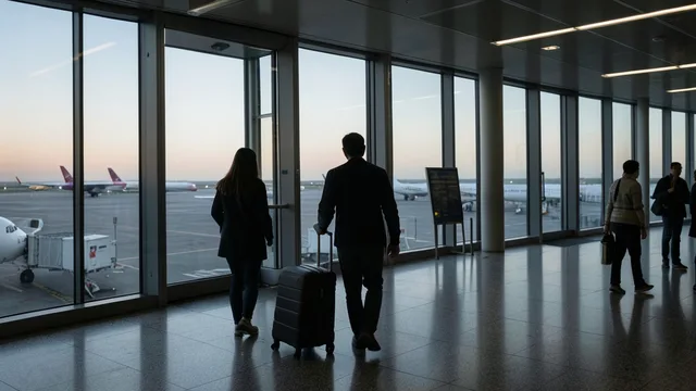 Imagem gerada por IA: Viajante com mala em um terminal de aeroporto, diante de aviões na pista.
