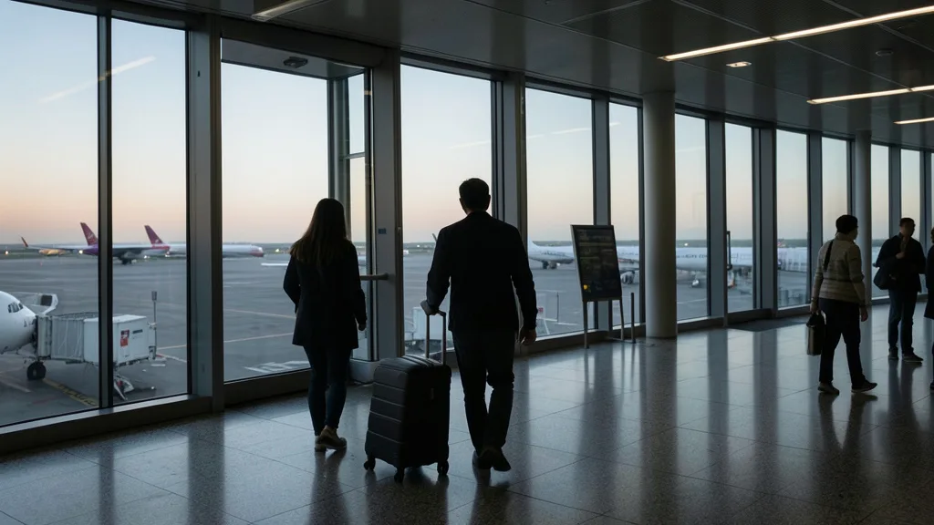 Imagem gerada por IA: Viajante com mala em um terminal de aeroporto, diante de aviões na pista.