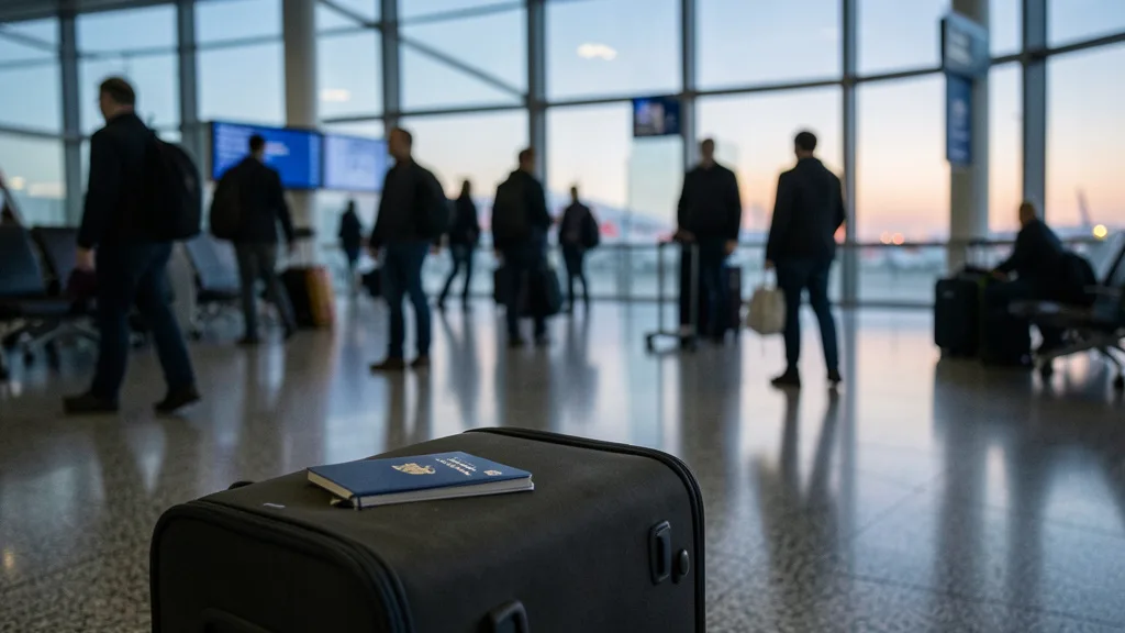 Imagem gerada por IA: Passaporte e mala em primeiro plano em uma área de embarque de aeroporto.
