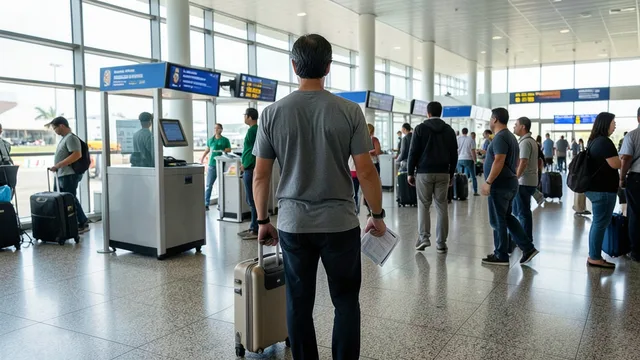 Imagem gerada por IA: Viajante com documentos em uma área de embarque de aeroporto.