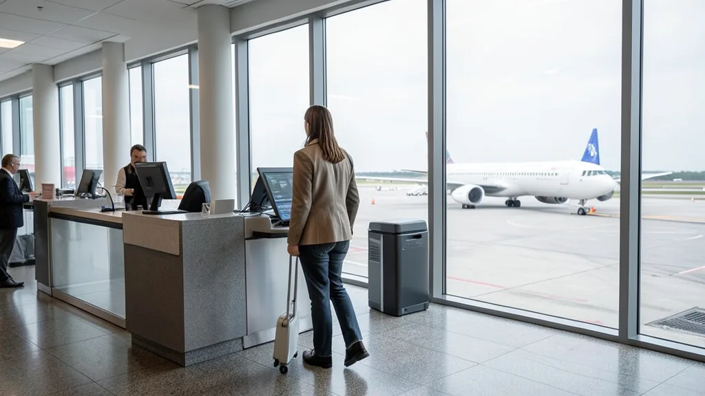 Imagem gerada por IA: Passageiro com mala em área de embarque de aeroporto, com avião ao fundo.