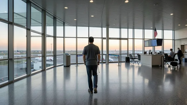 Imagem gerada por IA: Passageiro caminha por um saguão de aeroporto ao amanhecer, com uma pequena bandeira dos Estados Unidos ao fundo.