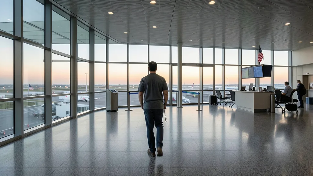 Imagem gerada por IA: Passageiro caminha por um saguão de aeroporto ao amanhecer, com uma pequena bandeira dos Estados Unidos ao fundo.