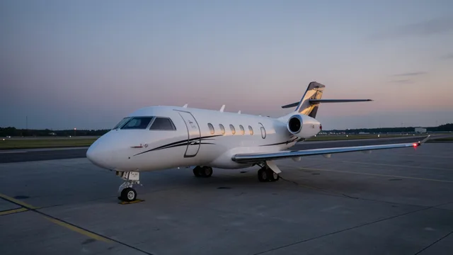 Imagem gerada por IA: Avião particular estacionado em uma pista de aeroporto ao entardecer.