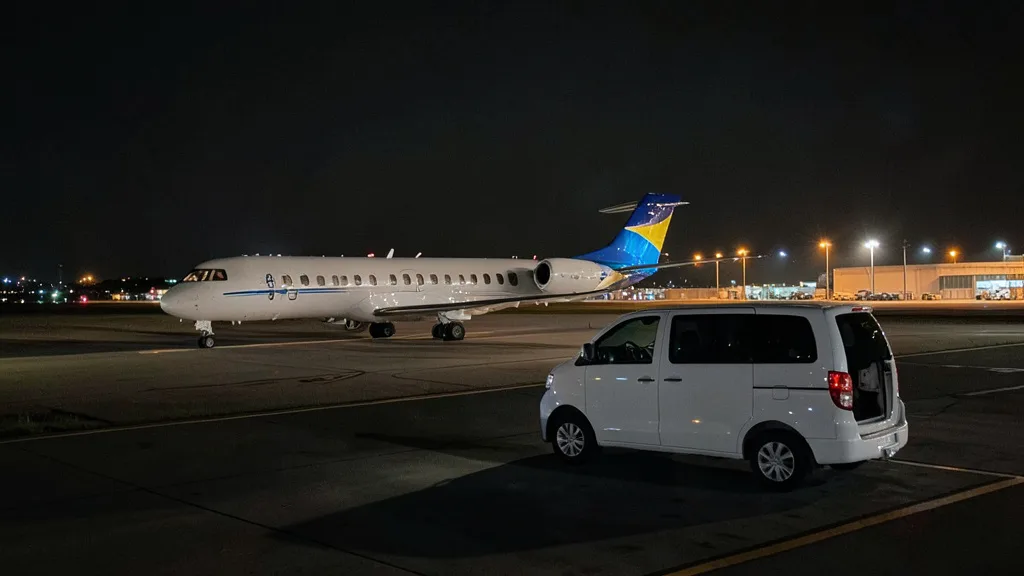 Imagem gerada por IA: Jato particular e van em uma pista de aeroporto à noite.