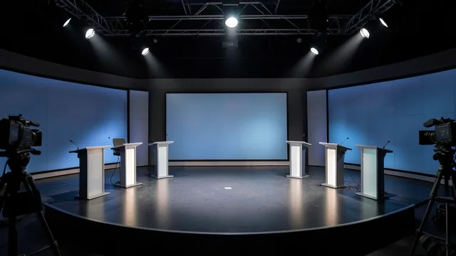Estúdio de debate presidencial com púlpitos vazios e iluminação de televisão.