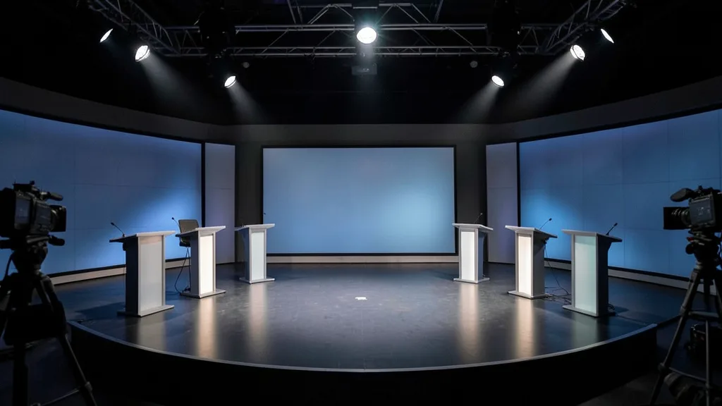 Estúdio de debate presidencial com púlpitos vazios e iluminação de televisão.
