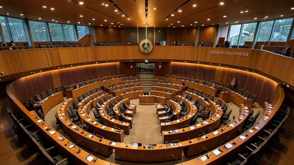 Imagem gerada por IA: Plenário vazio do Senado Federal, com fileiras de mesas e microfones.