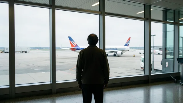 Imagem gerada por IA: Pessoa observa um avião na pista por uma janela de aeroporto.