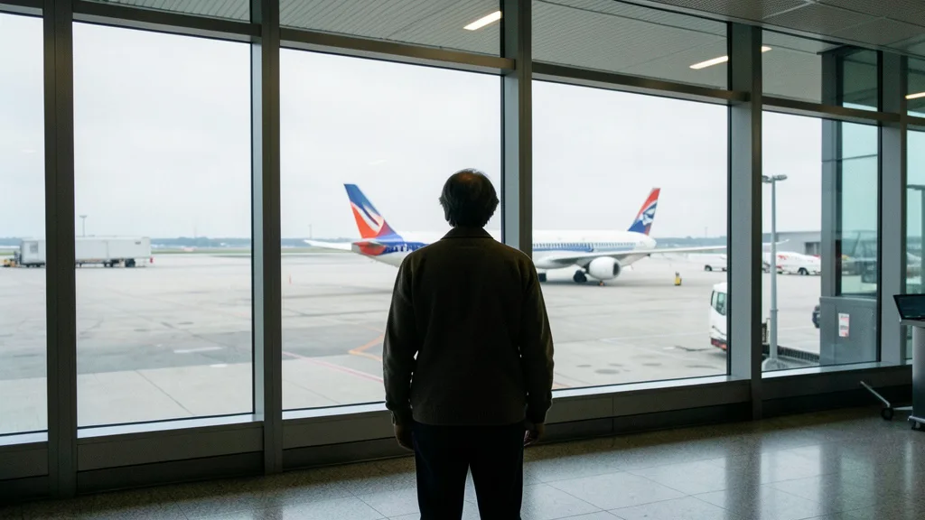 Imagem gerada por IA: Pessoa observa um avião na pista por uma janela de aeroporto.