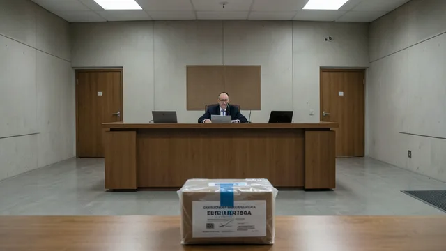 Imagem gerada por IA: Urna eletrônica diante de uma sala de tribunal vazia