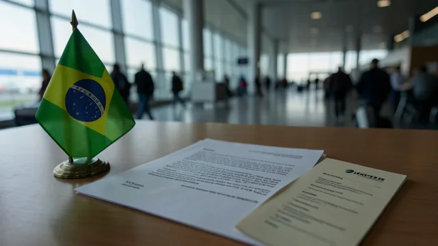 Imagem gerada por IA: Carta sobre uma mesa, ao lado de uma pequena bandeira do Brasil, com um aeroporto desfocado ao fundo.