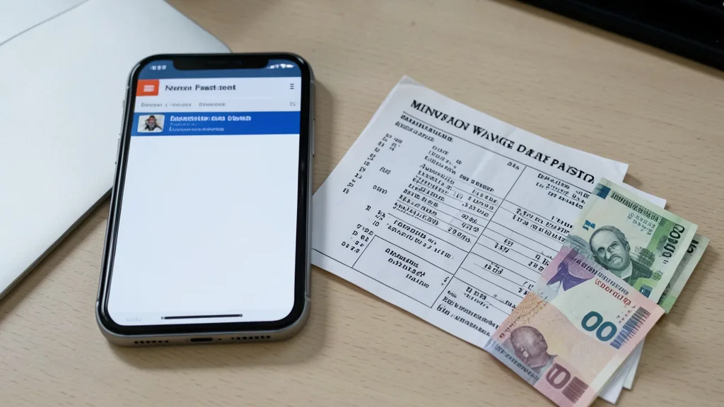Imagem gerada por IA: Celular com uma página política ao lado de um contracheque e cédulas brasileiras.