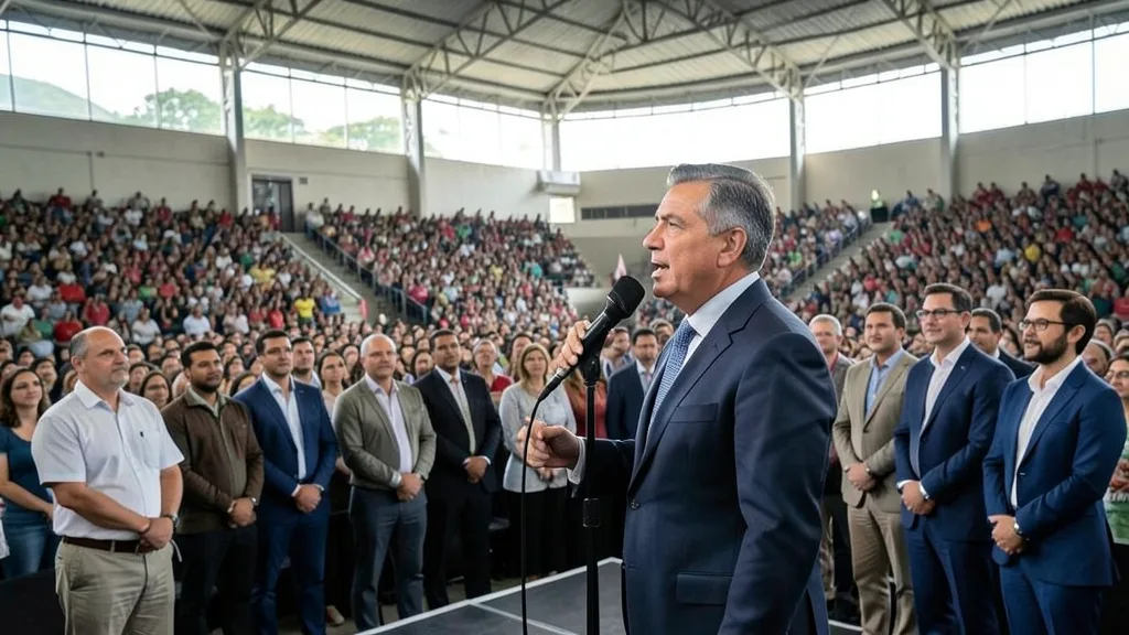 Imagem gerada por IA: Flávio Bolsonaro fala ao microfone em um palco durante evento evangélico no Maracanãzinho.