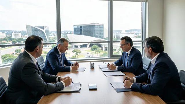 Imagem gerada por IA: Funcionários analisam documentos em uma sala de reunião com vista para edifícios públicos de Brasília.